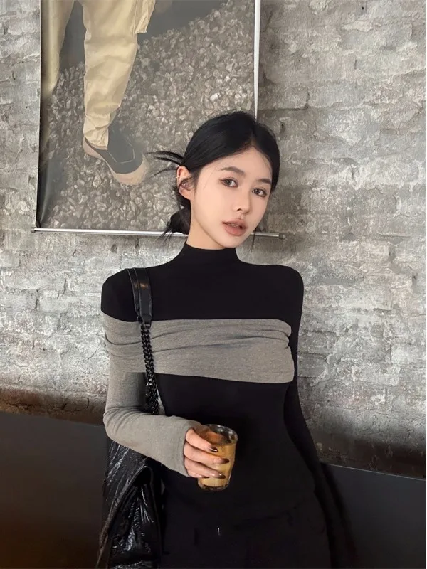 

Slim Fit Long Sve T-irt Women's Winter Elastic Splice Design Simple Personali Commuting Top Ins Splice Color Contrast ...