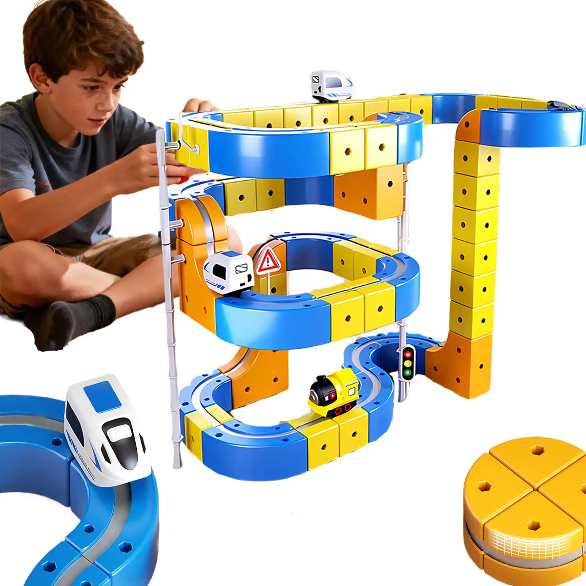 Set di binari magnetici elettrici fai-da-te con veicoli ferroviari ad alta velocità Gioco di costruzione STEM Puzzle Cube Toy per regalo per bambini (1-100 + pezzi)
