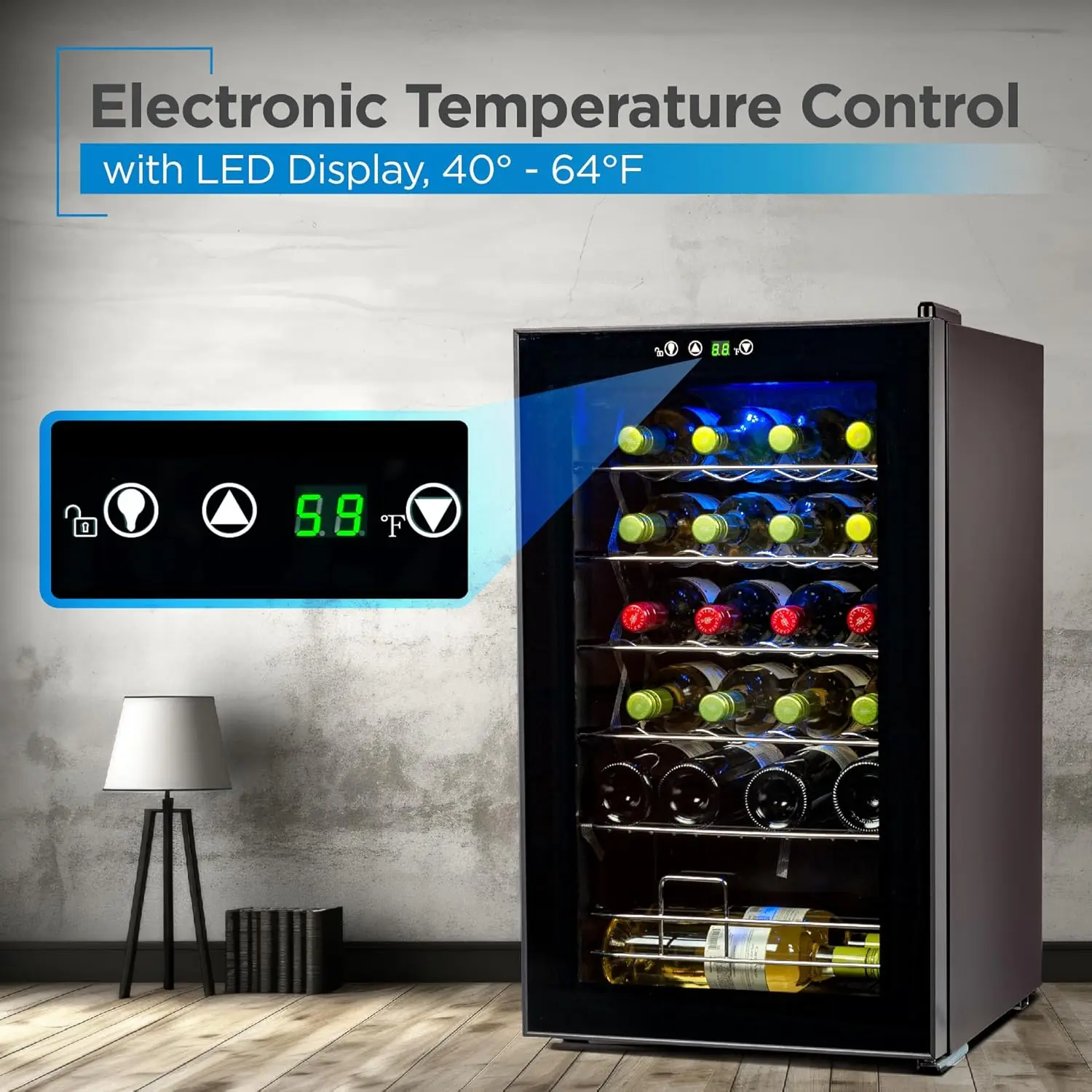 Refrigerador de vino con pantalla LED, enfriador de vino con luz, control de temperatura, compresor, 24 botellas, nuevo