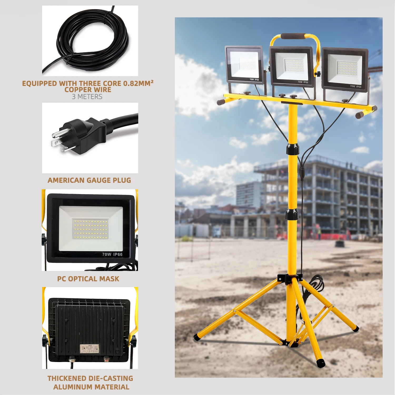 21000 Lumen Work Lights with Stand,3 Adjustable Head LED Work Light,Foldable Tripod Stand,flood light with Individual Switch