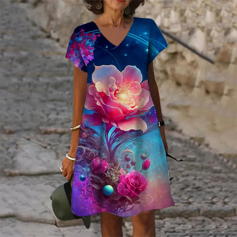 2023 Women\'s New Summer Dress Pullover Fashion Scenery Rose Floral Print A-Line Dress Sexy V-Neck Short Sleeve Oversized Dresses