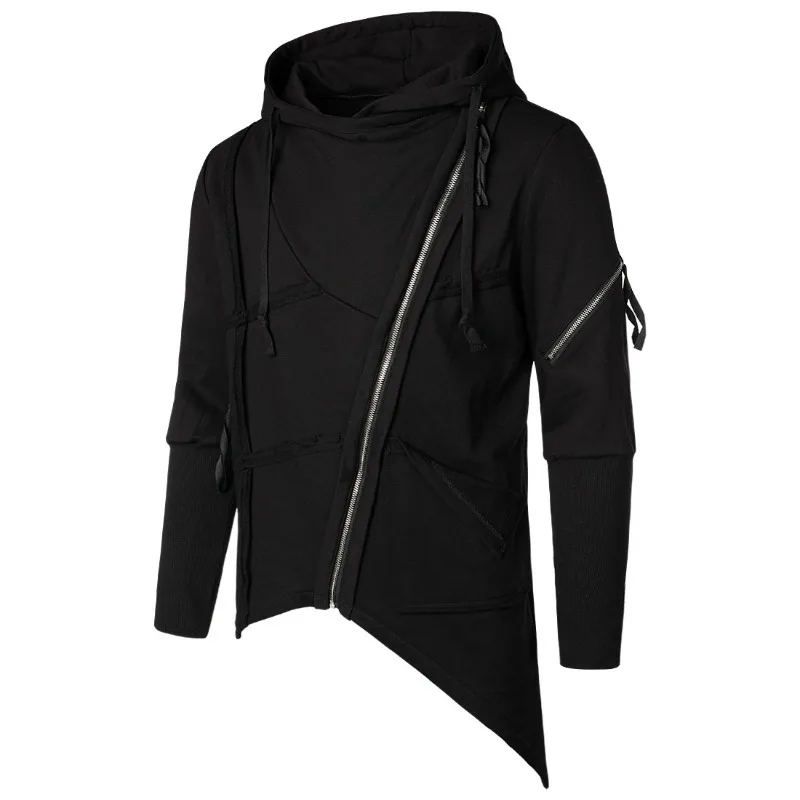 Autumn and Winter Functional Style Diagonal Zipper High Street Men's Hoodie with Thickened Hoodie and Ribbed Splicing