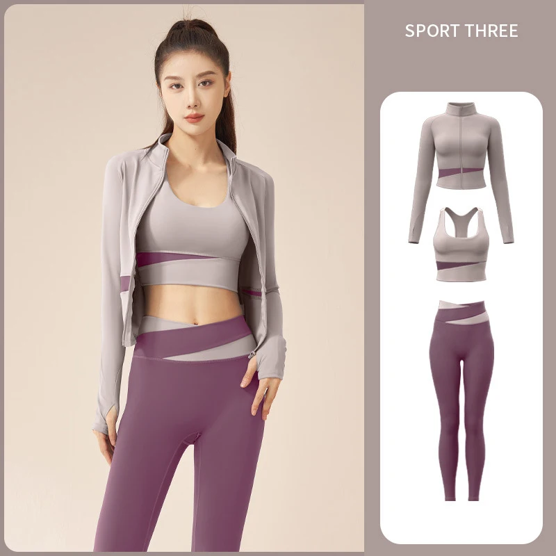 3Pcs Yoga Set Women\'s Fitness Gym yoga Clothes Coats+Bra+Leggings Shaping Running Fitness Set Women\'s tracksuit