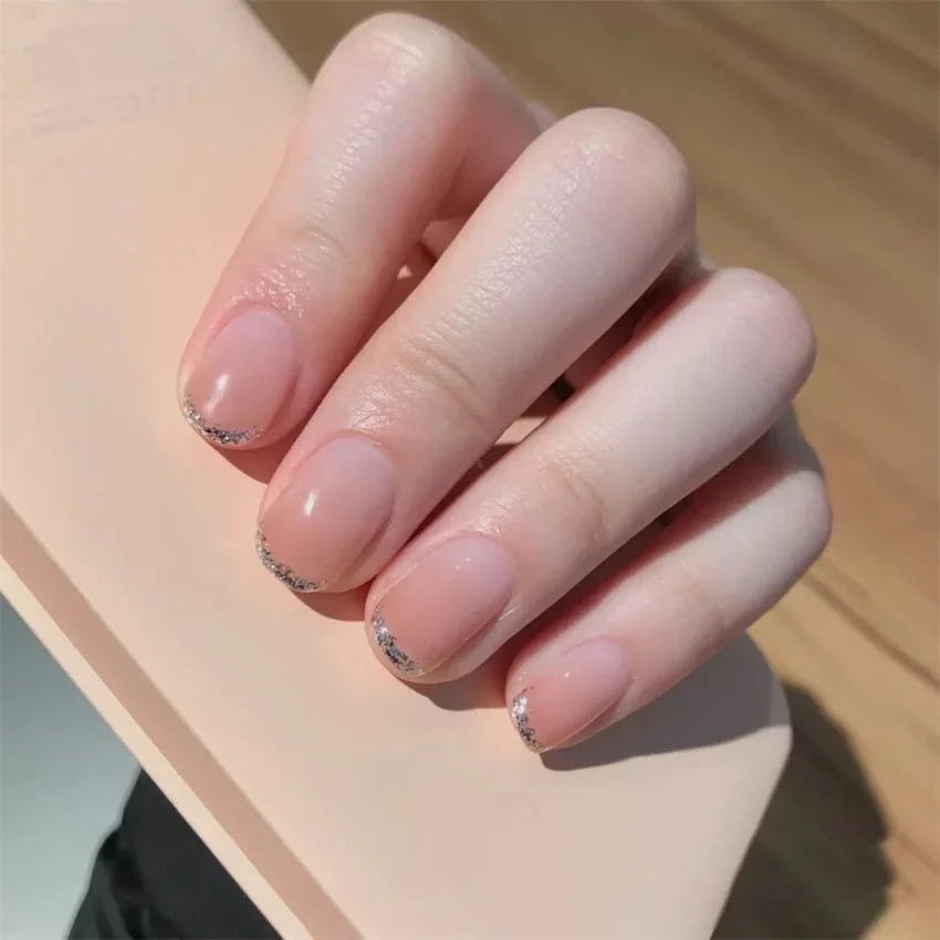 24 pçs/set temperamento gradiente feijão rosa borda de ouro usando unhas falsas design simples imprensa em unhas adesivo dicas de unhas falsas