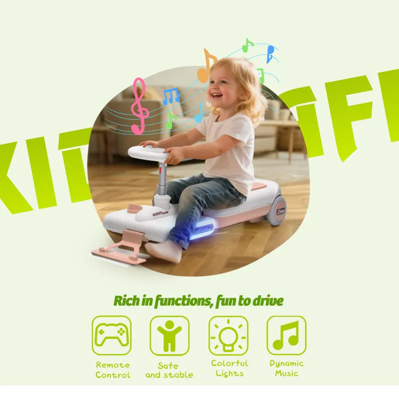 12-V-Reinigungswagen für Kinder, 55-W-Motor vorne mit Mopp zum Reinigen der Länge, erweitert um 6 cm, eingebaute Musik- und Beleuchtungsfunktionen