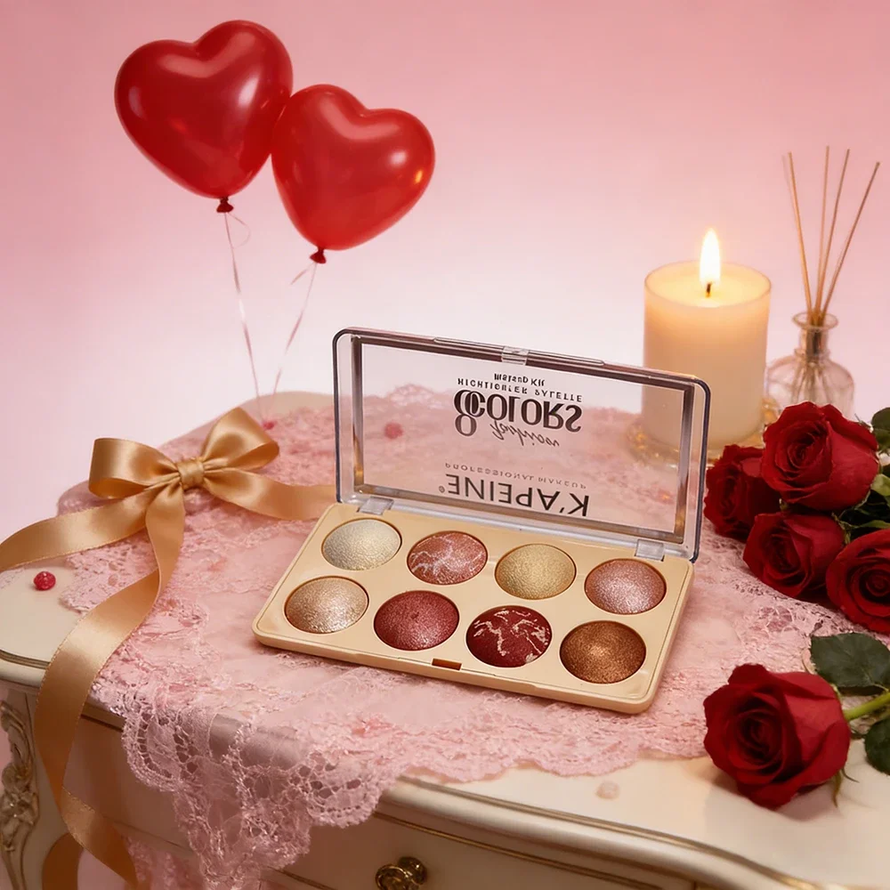 Romantic Valentine's Day Makeup Kit 8 Color Bake Powder Eyeshadow Blush Highlighter Portable Travel Palette Gift for Her
