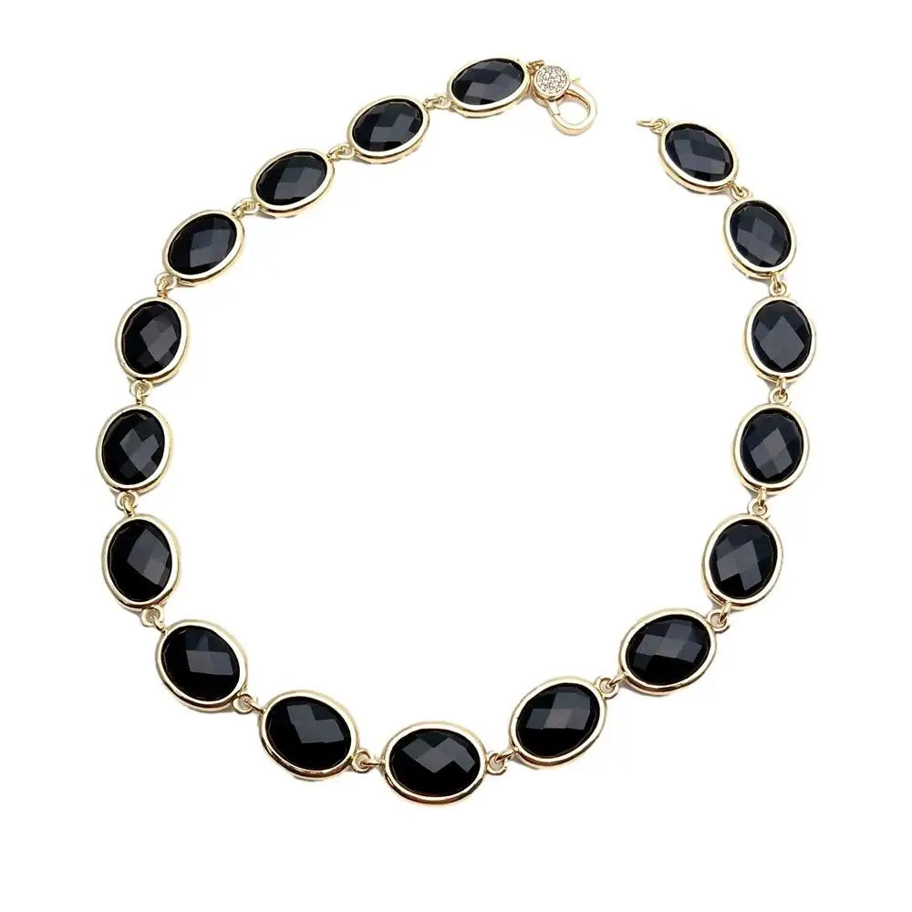 Y.YING Black Onyx Necklace Oval Shape Faceted Bezel Set Women Jewelry Birthday Gift