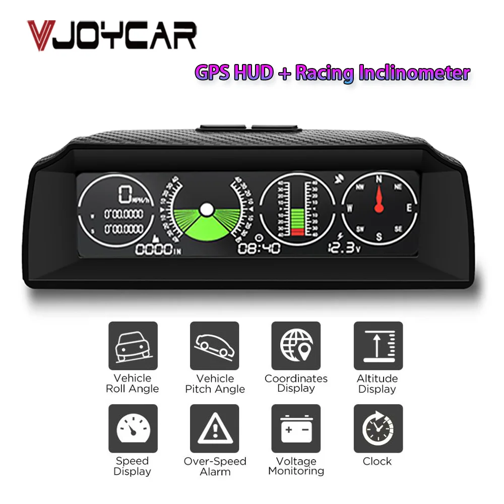 

Vjoycar 2023 2 in1 Car GPS HUD Inclinometer Speed Slope Meter Gauge Speedometer Compass Clock Voltage Altitude Pitch Roll Angel