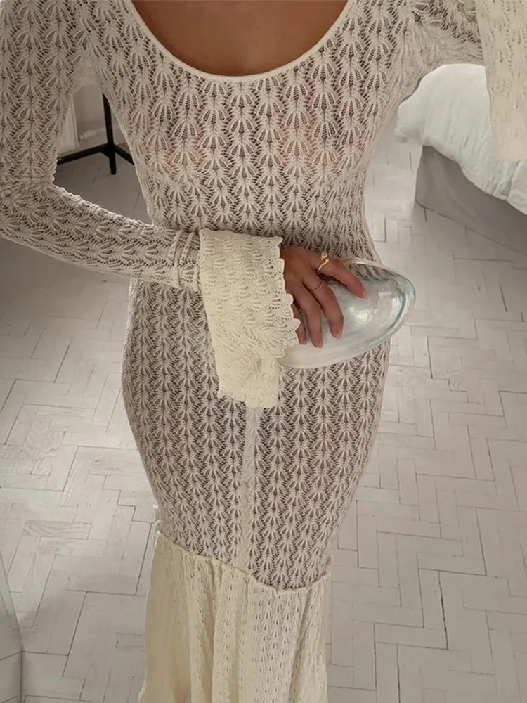 Elegant Knitted Hollow Out Long Dress Women Sexy O-neck Flare Sleeve See Through Patchwork Dresses 2024 Summer Lady Beach Robe