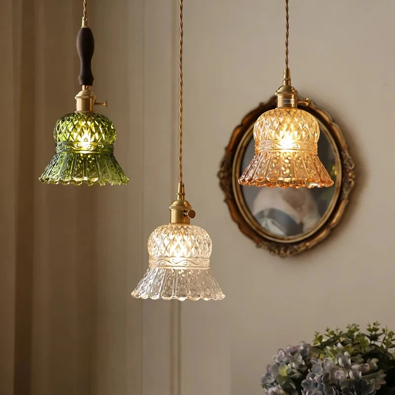 French Retro Pineapple Glass Pendant Lamp Brass Vintage Hanging Light E27 Ceiling Fixture Dining Room Bedroom Bathroom