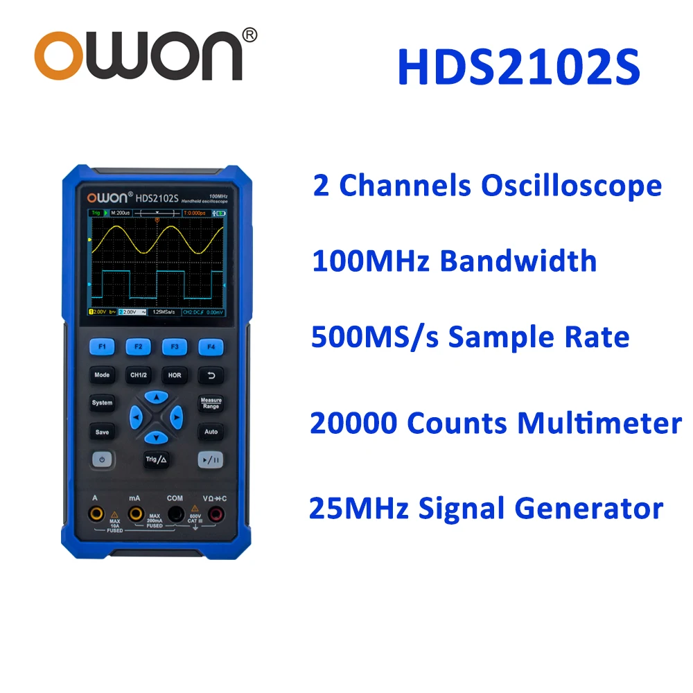 OWON HDS2102S 2 Channels 100MHz 500MSa/s Portable Digital Oscilloscope + Multimeter + Waveform Generator 3-in-1 Measurement Tool