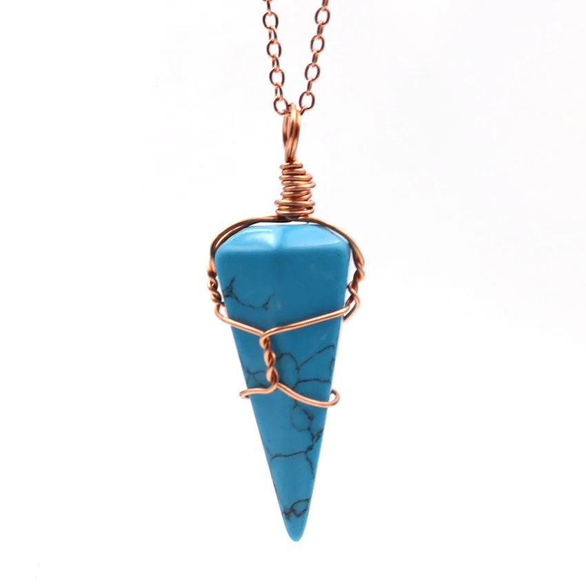 FYSL Rose Gold Color Wire Wrap Hexagon Pyramid Blue Howlite Stone Pendant Link Chain Necklace Opalite Opal Jewelry