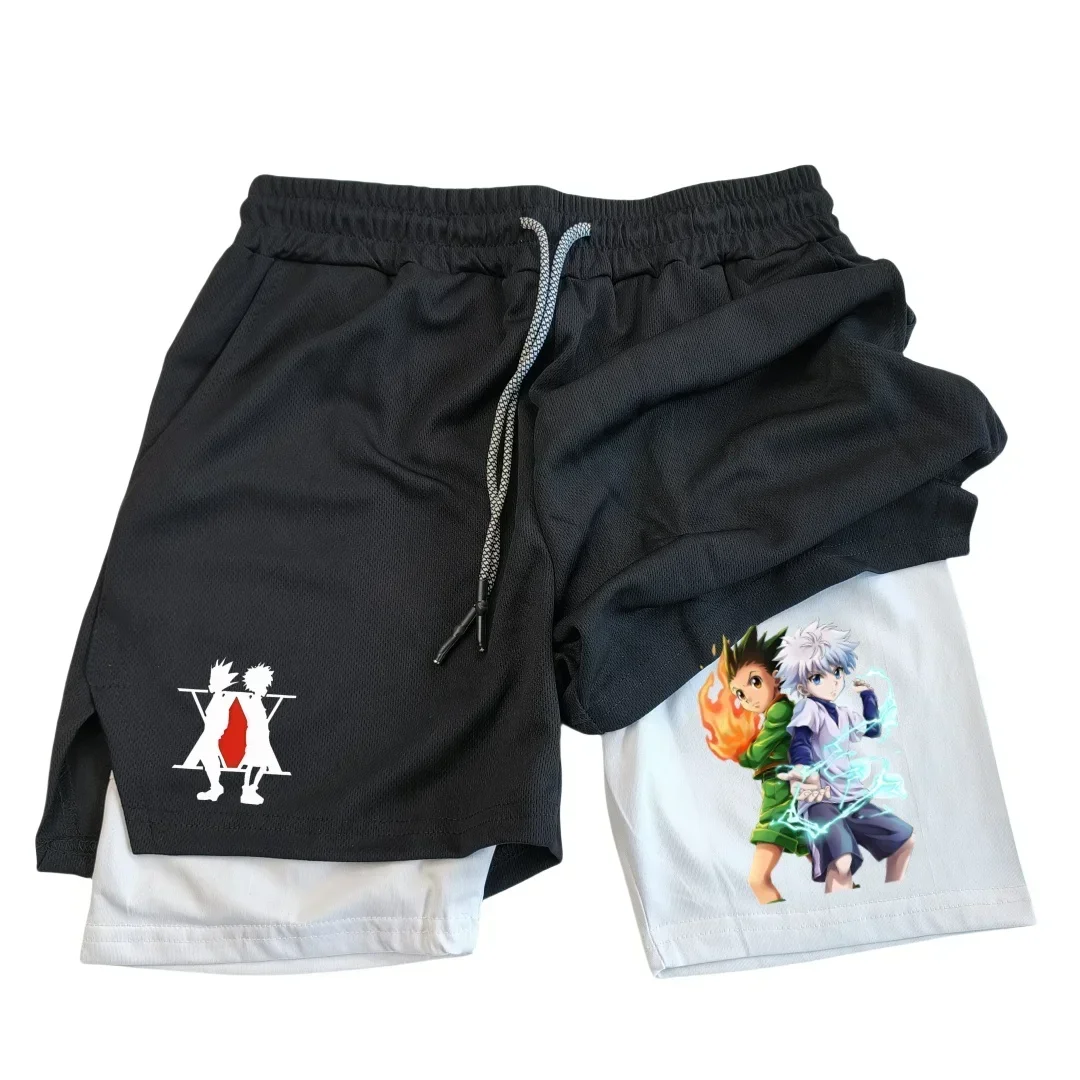 Mens 2 in 1 Running Shorts with Phone Pockets New Summer Anime Shorts Adult Double Layer Beach Pants Casual Lightweight Shorts