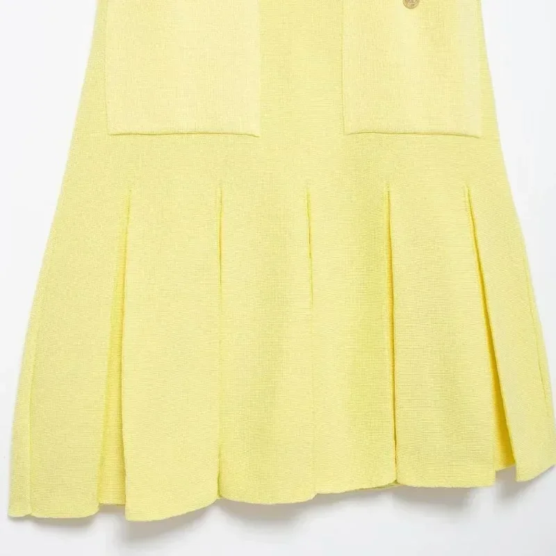 TRAF-vestidos curtos sem mangas de malha para mulheres, mini vestido plissado amarelo, gola redonda, tanque elegante, verão