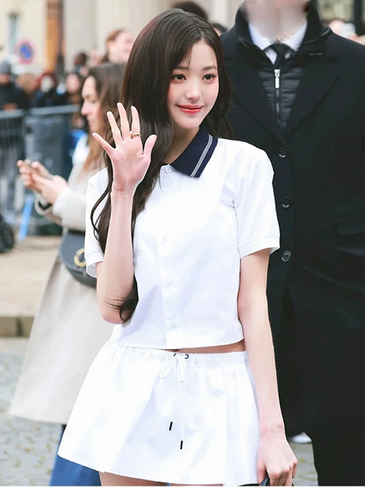 

Изысканный белый комплект с юбкой, летний новый комплект Sleort Sve для женщин Faion School Sle, молодежный комплект из двух предметов