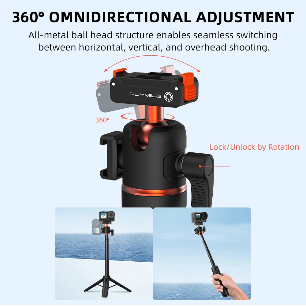 عصا سيلفي ثلاثية القوائم قابلة للتمديد من Flymile مع قاعدة سريعة التحرير لملحقات DJI OSMO Action 6 ومقبض مدونة الفيديو