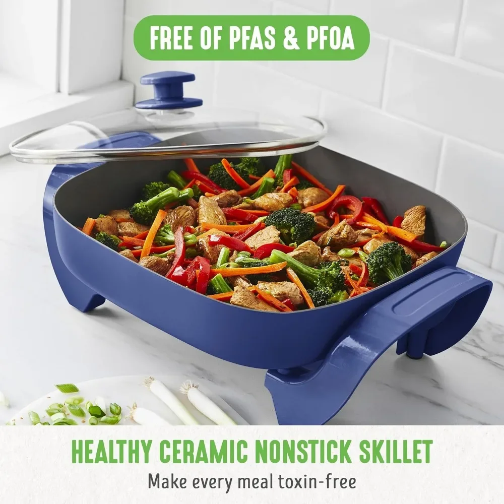 Electric Skillet,Glass Vented Lid,Ceramic PFAS-Free Nonstick Coated Interior,Adjustable Temperature Control,Quick Even Heating