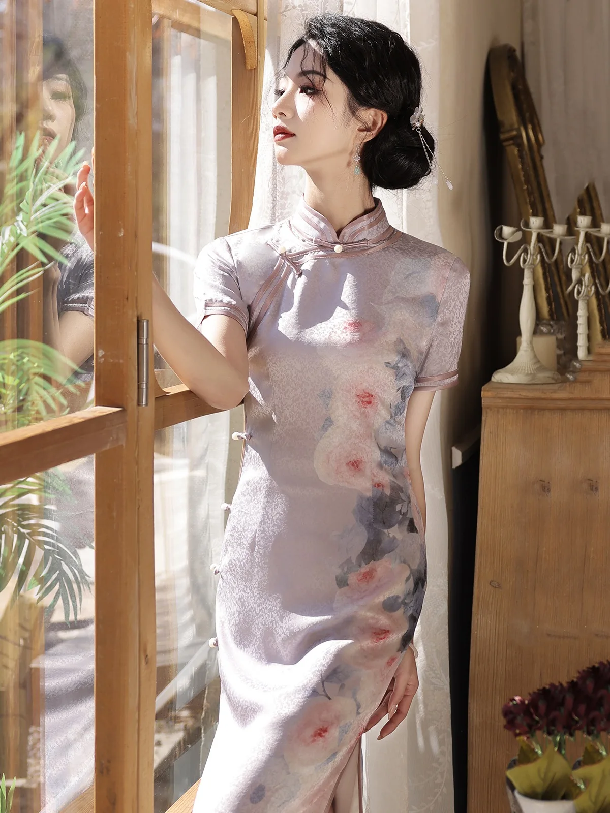 

Young Elegant Lady Style Flower Grosgrain Cheongsam Spring/Summer New Chinese Short Sleeve Daily Wearable Dress