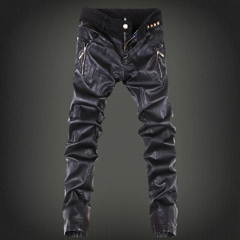 2024 trend new black Slim leather pants personality zipper stitching leather pants fashion youth motorcycle leather pants male