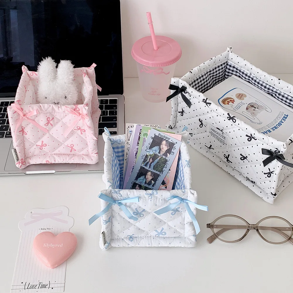Y2K Wave Point Bow Stationery Storage Box Pen Holder Student Stationery Girl Quilted Cosmetics Desktop Organizing Storage Basket