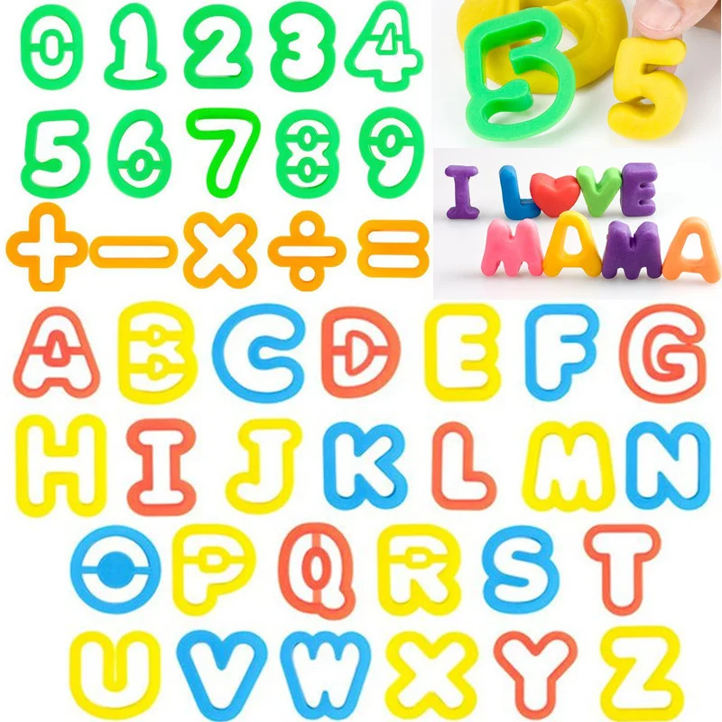 Herramientas de plastilina, juego de masa para niños, letras, números, símbolos, cortador de molde, sellos de plastilina del alfabeto, accesorios de arcilla, juguete DIY