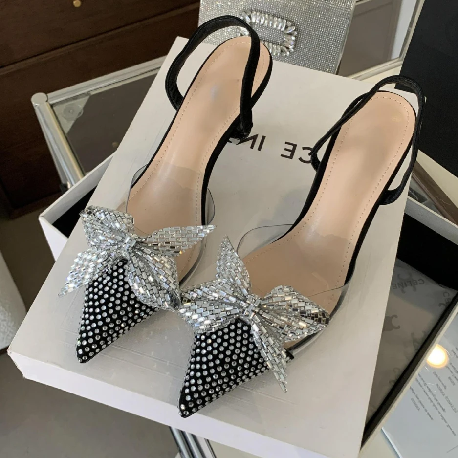 

Designer Luxury Pointed Heels Woman Crystal Slingback Shoes Glitter Bow Bride Fine High Heel Sandals Female Muller Pumps Women