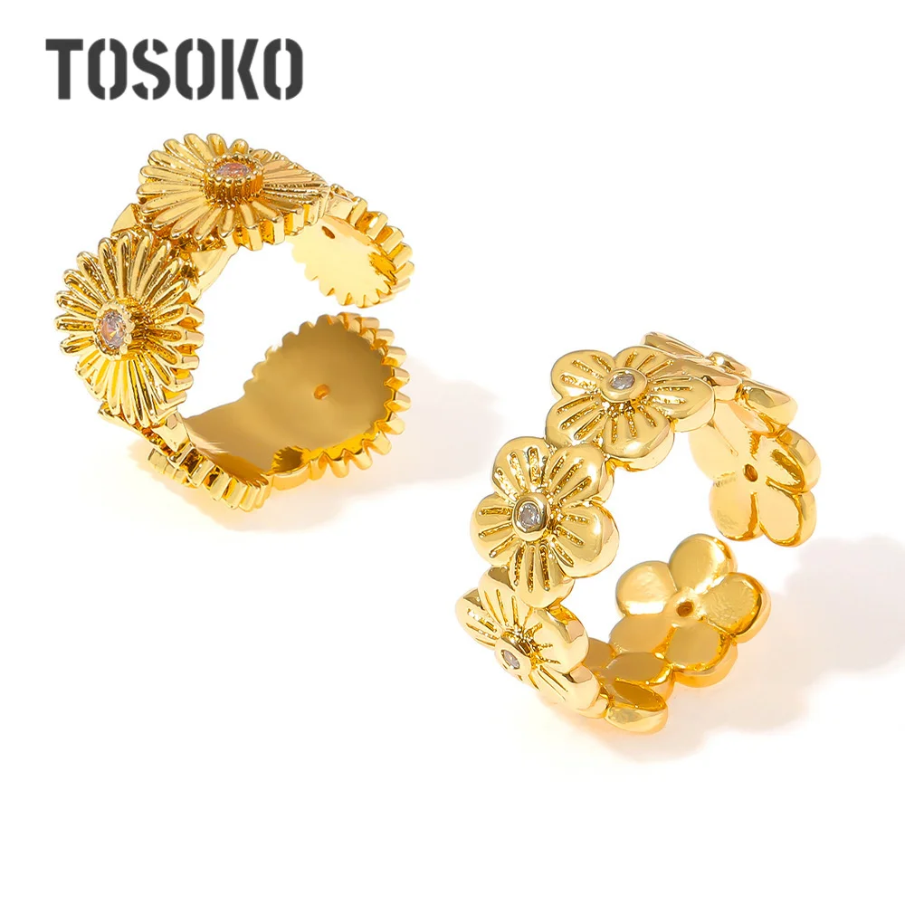 TOSOKO Geometric Opening Chrysanthemum Inlaid Zircon Ring Women's Copper Material Non fading Personalized Jewelry BSA142