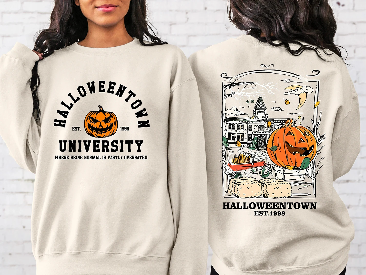 2024 Hot Sale Popular Halloween Female Sweatshirt Vintage Cartoon Halloween Castle Farm Double-sided Printing Women Clothes