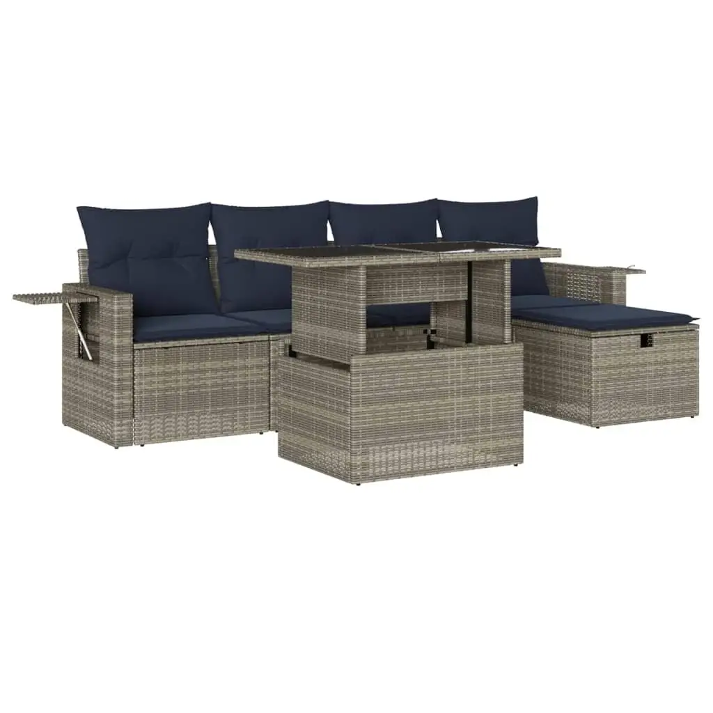 Gray Poly Rattan 6 Piece Patio Sofa Set with Cushions Outdoor Furniture Garden Seating