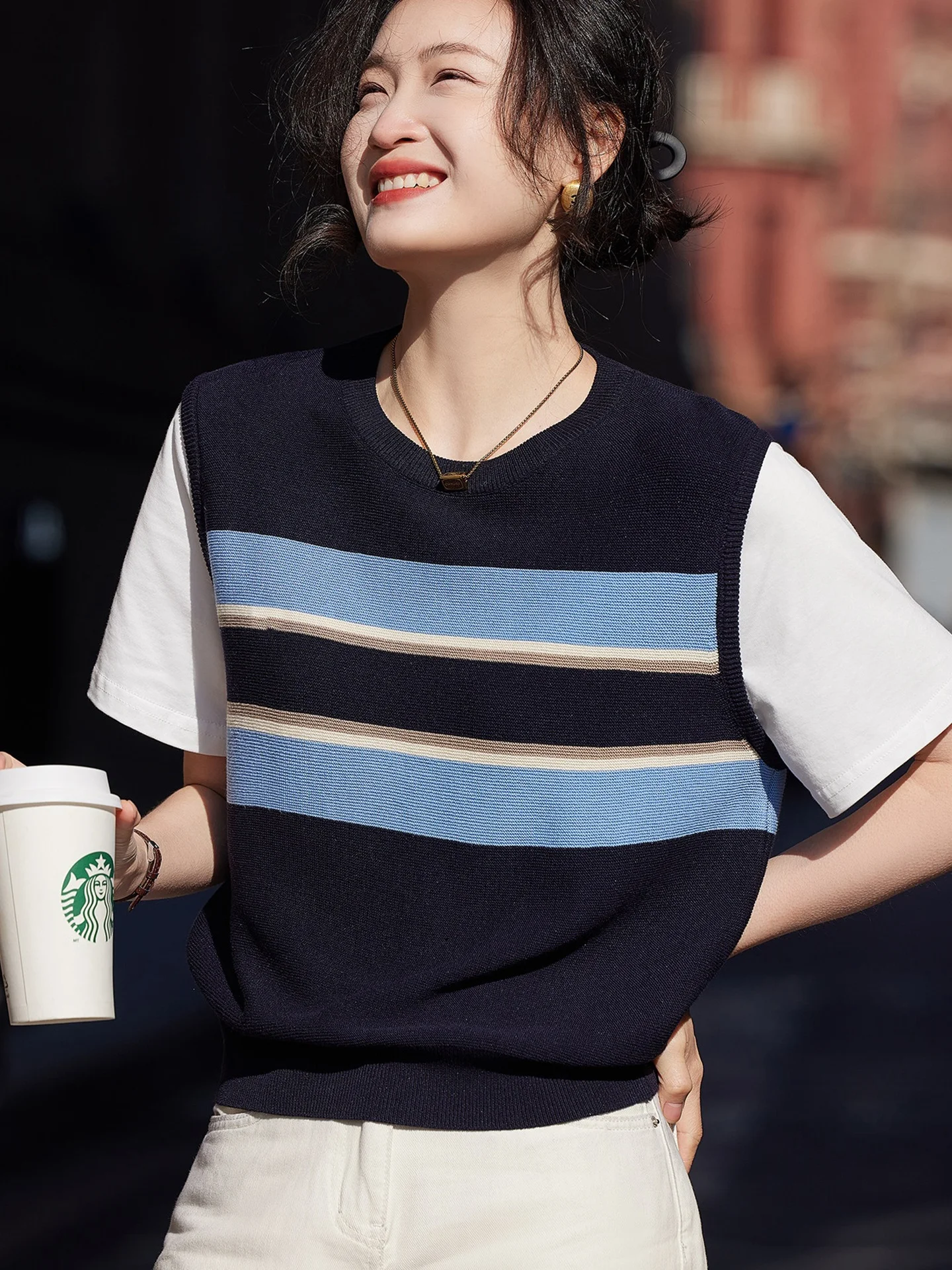 

Spring Summer Color Block Short Sleeve Knitted Top Women's Fashion Lazy Style Casual Soft Korean Version Straight Cut Knitwear