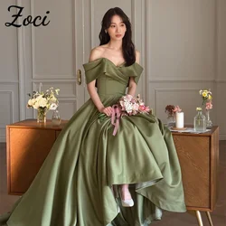 Zoci Modern Emerald Green Korea Wedding Dresses Satin A Line Photos Shoot Dress Customized Off Shoulder Wedding Reception Dress