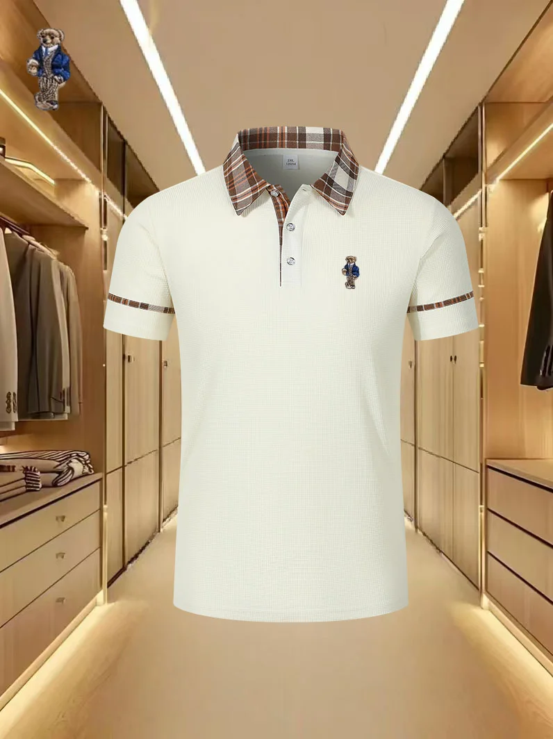 High end brand polo shirt short sleeved men's exquisite bear embroidery top summer new comfortable casual striped lapel T-shirt