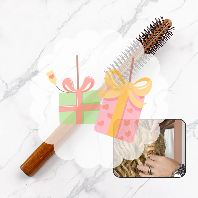 

Bristle Wooden Curly Hair Comb Natural Boar Bristle Rolling Brush Round Barrel Blowing Curly Hairbrush Hair Styling Tool Barber