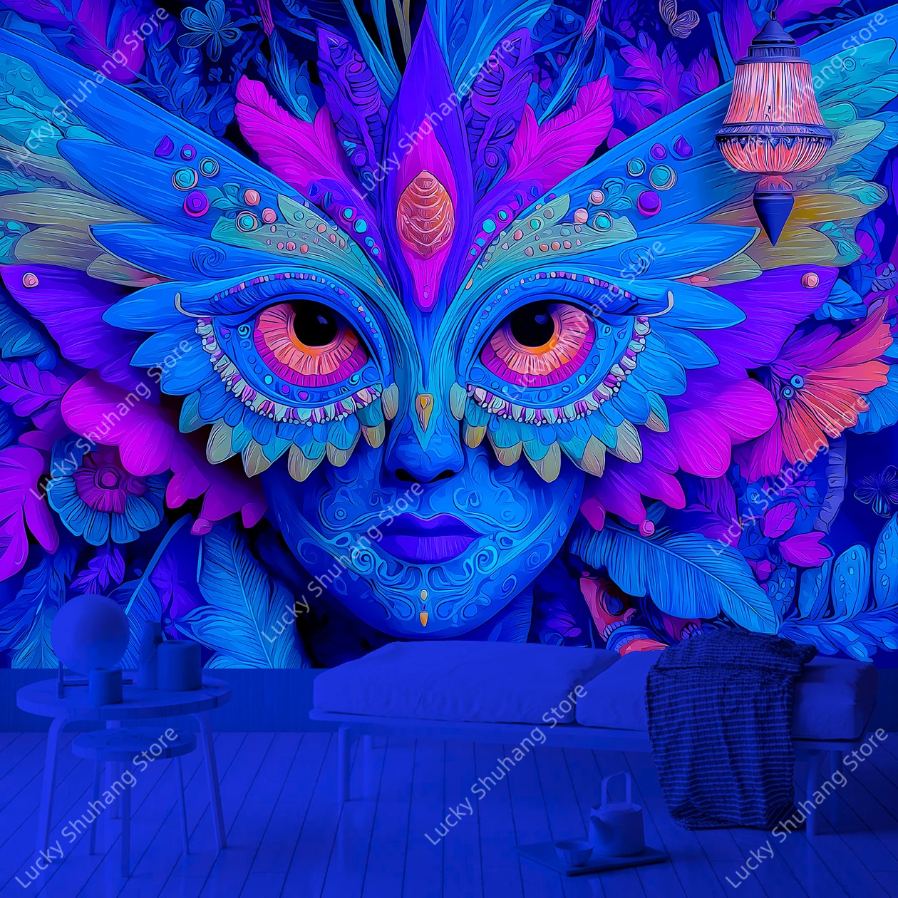 

Vibrant Bohemian Mask UV Tapestry with Lush Floral Garland and Vintage Lantern for Mystical Bedroom Living Room Wall Decor