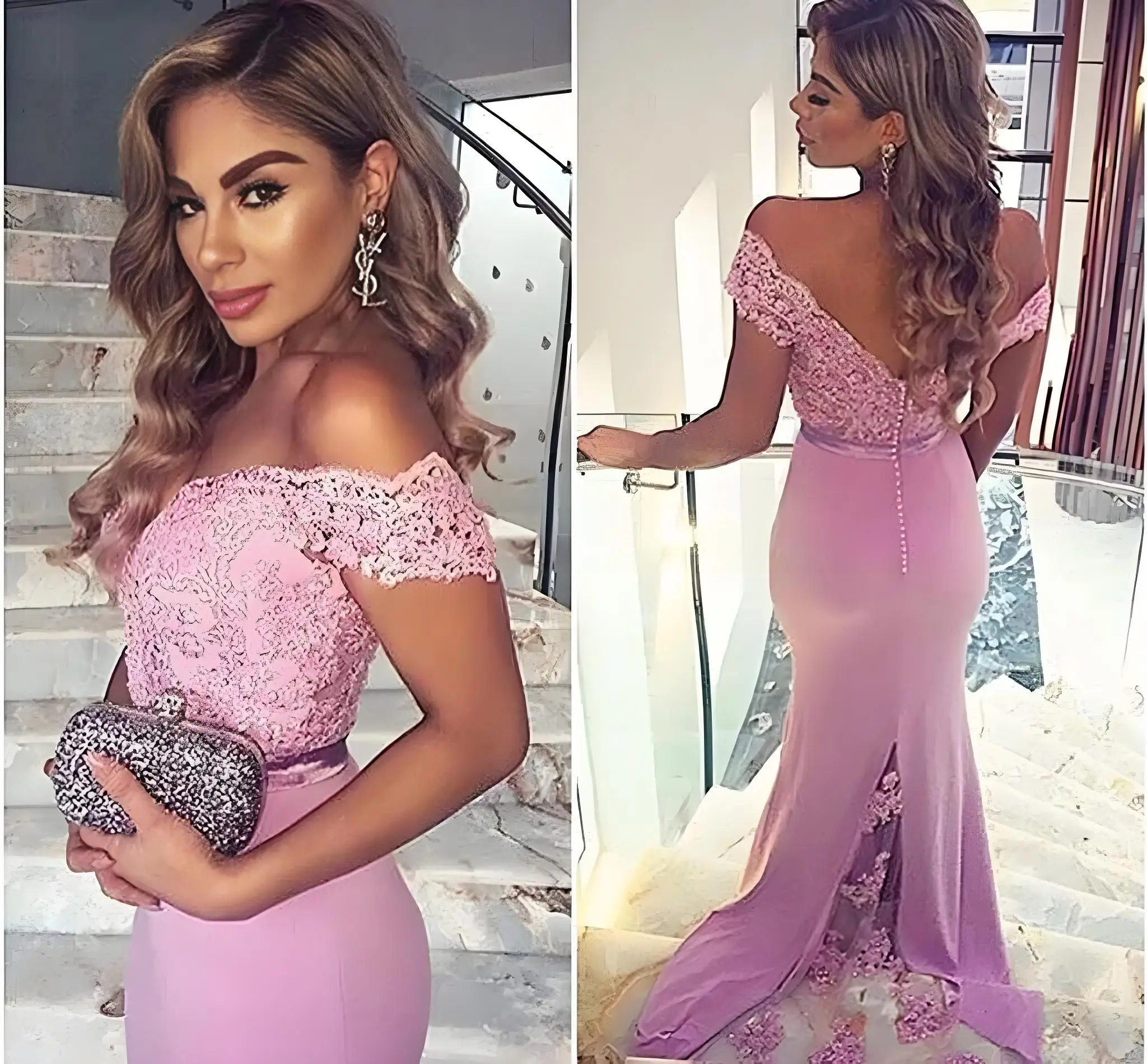 Beshinel Maßgeschneiderte Rose Rosa Spitze Off Shoulder Meerjungfrau Brautjungfernkleider Seidensatin Seitenschlitz Hochzeit Party Abendkleid