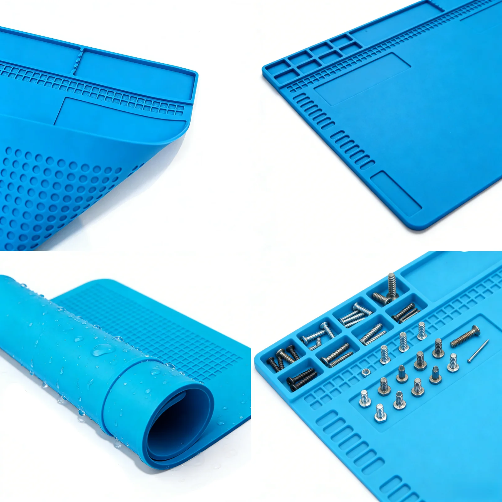 Blue Large Silicone Work Mat Non-Slip Rubber 13.8"x9.8" Heat Resistant Work Pad with Screw Slots & Parts Organizer view 4