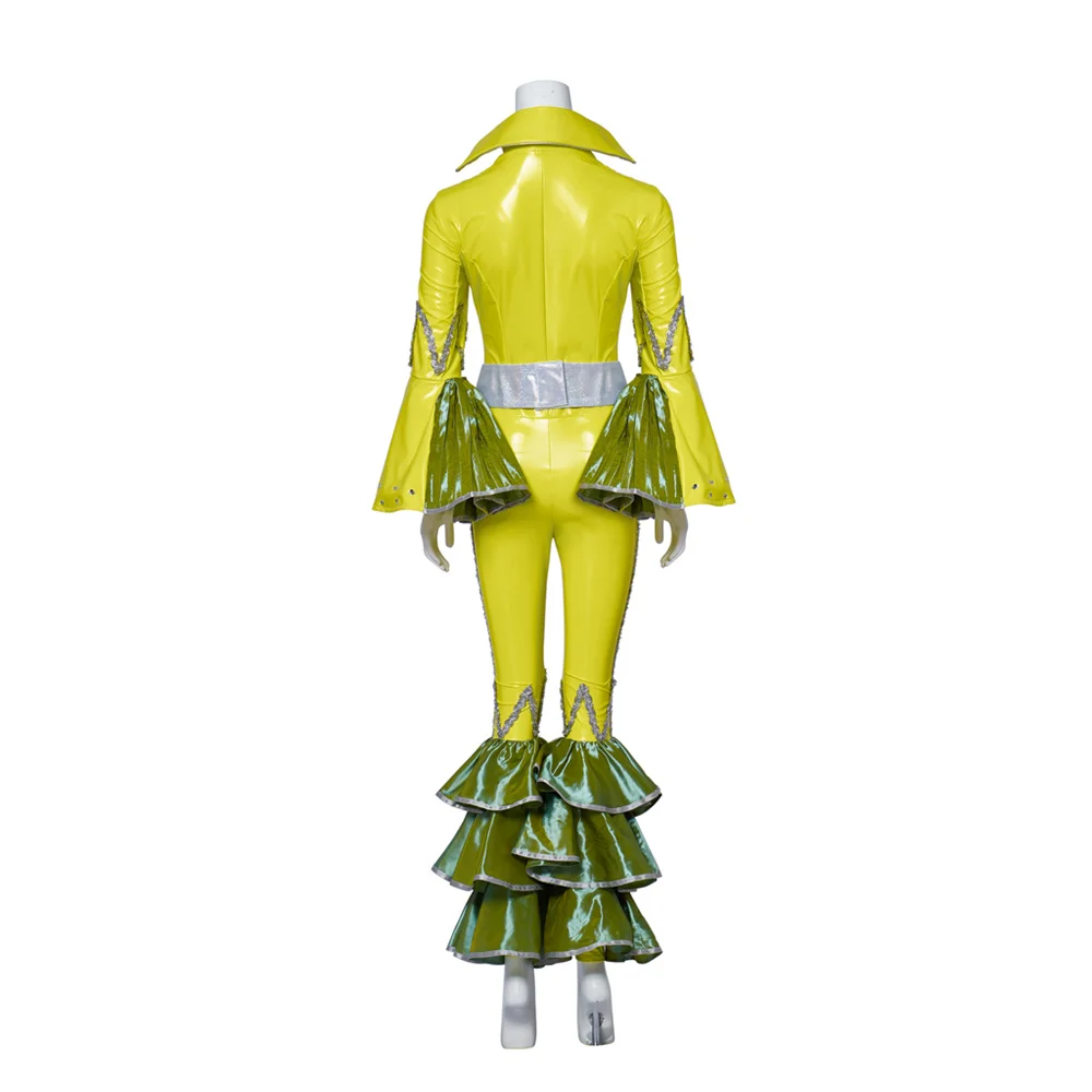

Musical Mamma Mia Cosplay Costume Female Yellow Jumpsuit with Belt Halloween Carnival Stage Performance Outfits