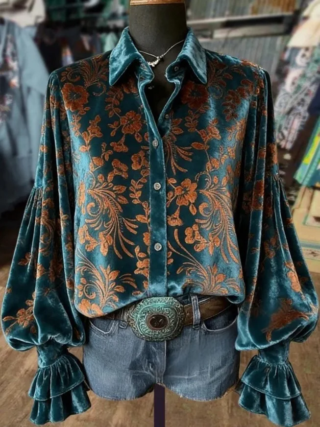 Vintage-print velvet shirt with a lapel, single-breasted, double-layered ruffled, bell-sleeve casual top
