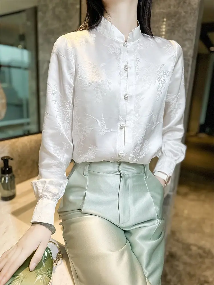 2024 new chinese style bamboo bird white oriental lady top autumn standing collar han element vintage shirt tang suit satin top