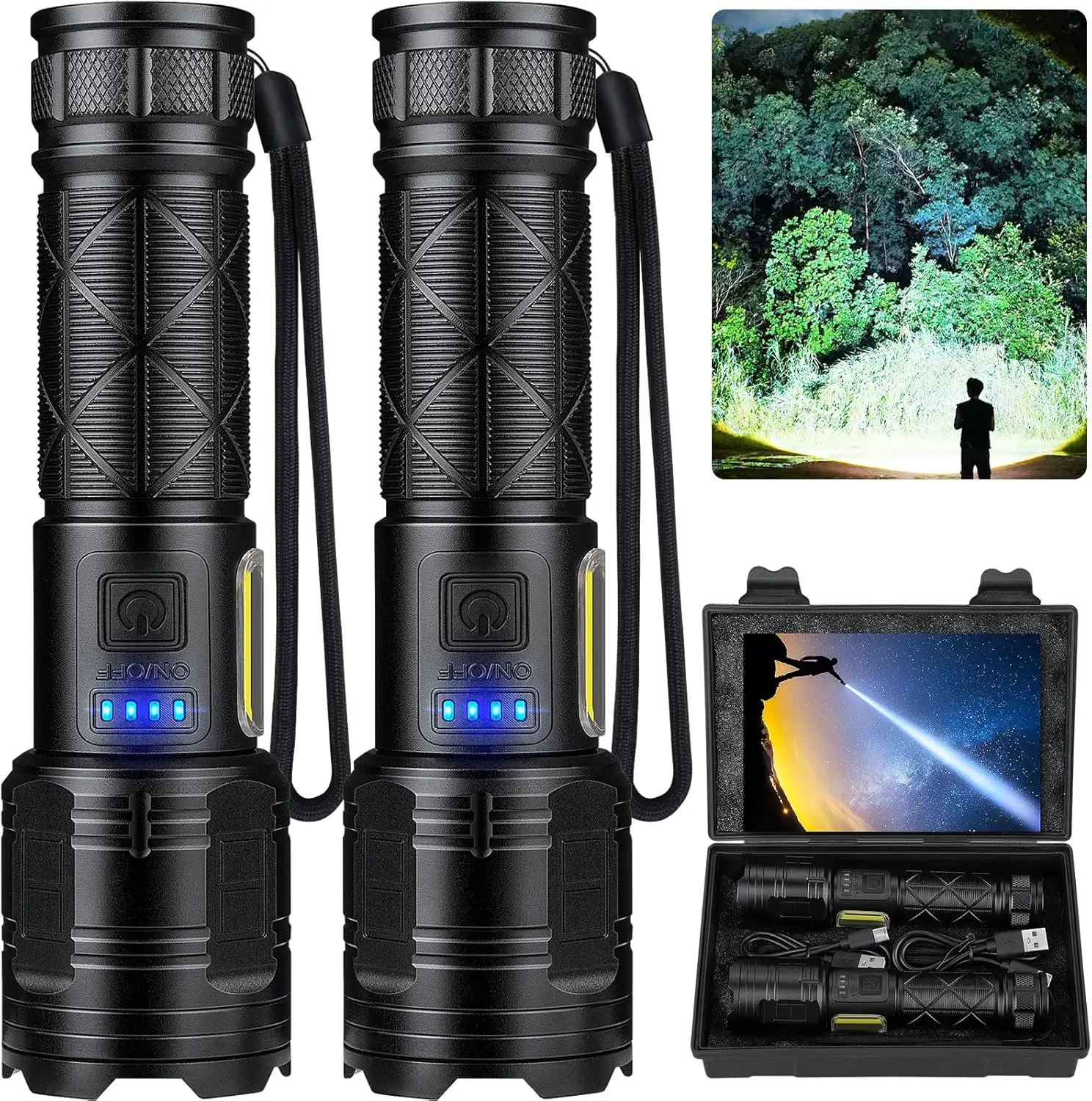 

99,000 Lumen Rechargeable LED Flashlight, 7 Modes, Waterproof, USB-C, Camping & Home Use (2 Pack)