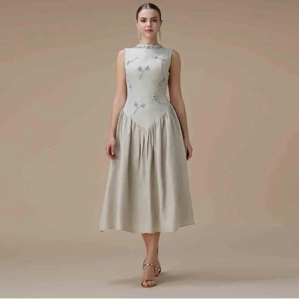 

Customized Rhinestone Embroidery Prom Dress O Neck Sleeveless Midi Dresses A Line Ruched Casual Tea Length Gown
