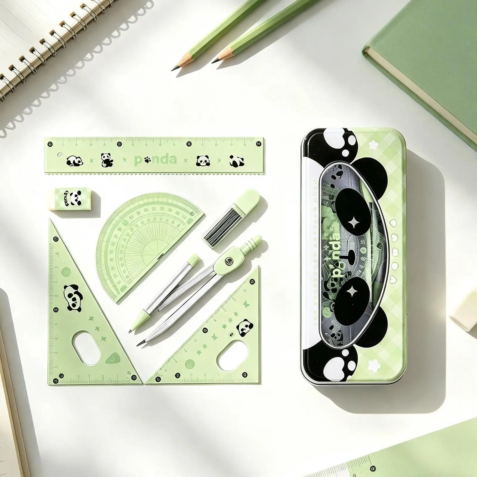 Geometry Set School 7 Pieces Protractor Eraser Ruler Metal Box for Drawing Drafting Classroom Test Students Kids Boys Girls