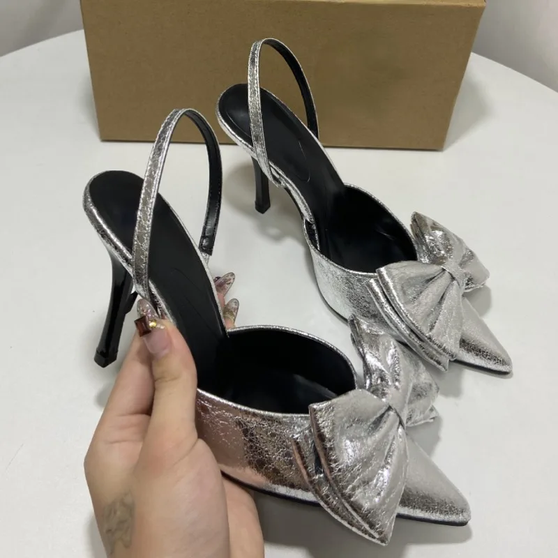 Luxury Brands Women Dress Shoes Large Size Elegant Bow Pointed Toe Summer Footwear Silver Party High Heeled Sandals for Ladies