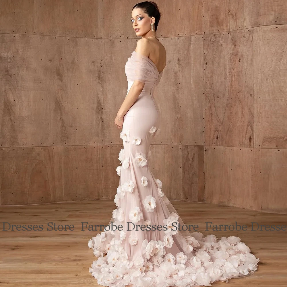 فساتين سهرة نسائية فاخرة من قماش الكريب حورية البحر/البوق فستان عيد الحب وردي عاري الكتفين زهور ثلاثية الأبعاد فستان حفلة موسيقية