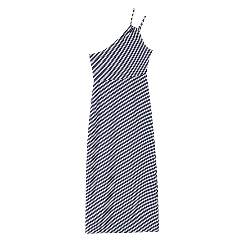 YENKYE Positioning Diagonal Stripe Asymmetric Sling Dress Women One Shoulder Sleeveless Summer Party Maxi Vestidos