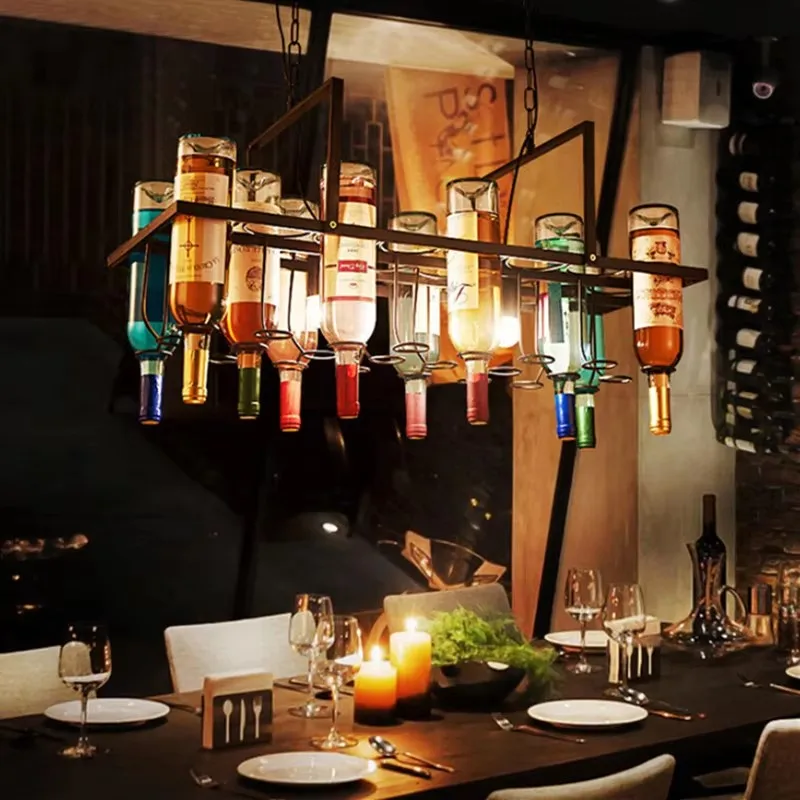 ‌Vintage Wine Bottle LED Pendant Light Retro Iron Industrial Hanglamp for Cafe Bedroom Kitchen American Style Decor Lighting