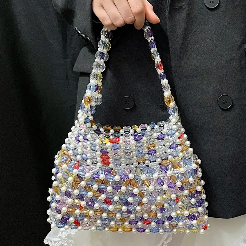 New Fashion Design Handmade Color Beaded Woven Handbags Brand High-end Party Evening Bag  Luxury Fashionable Pearl Underarm Bag