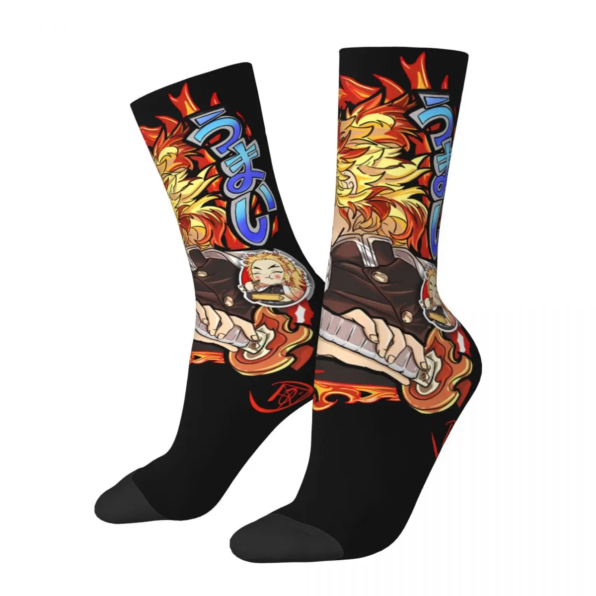 Chaussettes unisexes confortables avec impression 3D, chaussettes de cyclisme Anime Rengoku Kyoujurou DEMON SLAYER intéressantes quatre saisons