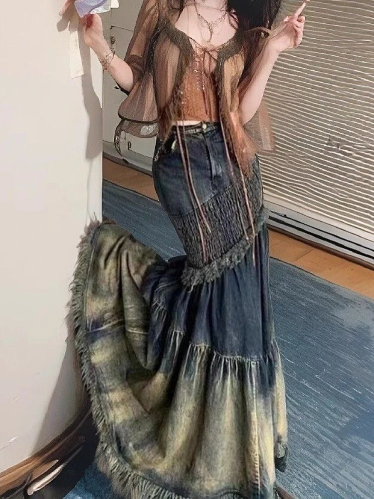 

2025 New Patchwork Denim Fishtail Skirts Y2k Fashion Chic Tassels Skirt For Women Mid-length Slim Waist Falda Sexy Mujer