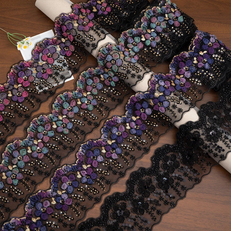 2yards 3D Lace Floral Sequins Beaded Embroidery Lace European Style Trim Decorative Ribbon for Garment Sewing Accessories